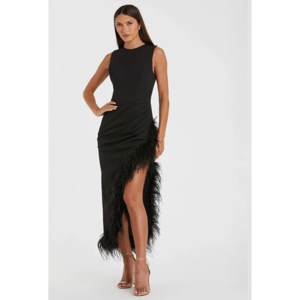 Mac Duggal Gown Dress Womens Size 10 Black Sleeveless Faux Wrap Feathers 11626